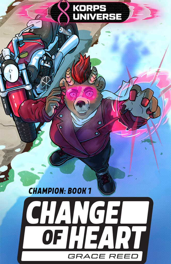 Change of Heart cover depicting protagonist Maddy standing at a low angle in front of her motorbike, extending her hand out in concentration towards the viewer